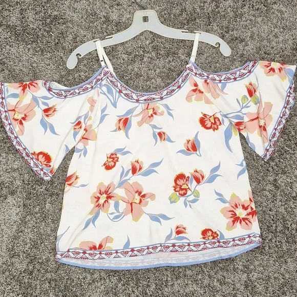 Flying Tomato cold shoulder blouse top - short sleeve - S white floral - Picture 6 of 7